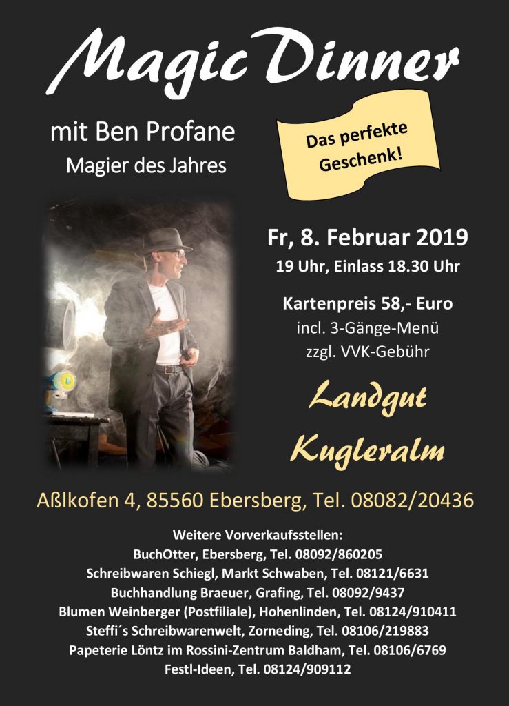 Flyer für das Magic Dinner auf der Kugleralm Ebersberg mit dem Magier Ben Profane